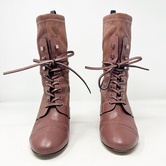 Stuart Weitzman Veruka Leather Lace Up Rose Mauve Boots 8 - Picture 4 of 11